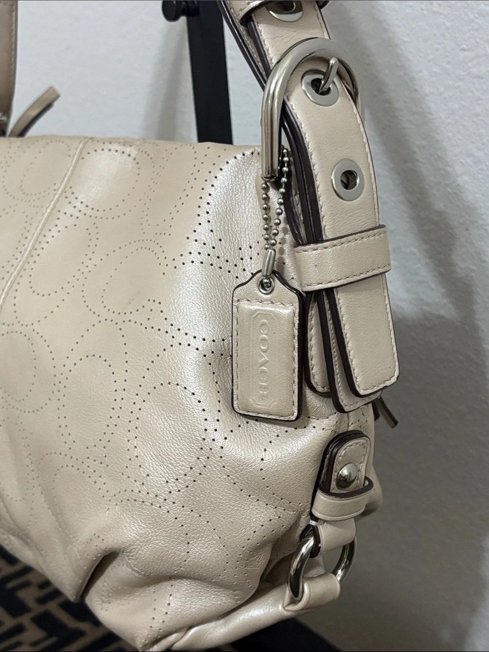 Coach Cream Perforated Signature Leather Shoulder Bag